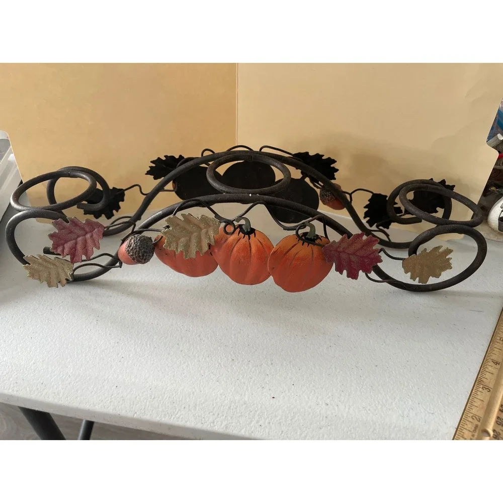 Fall Harvest Wrought Iron Pumpkin Leaf Acorn 3-Wick Candle Holder Centerpiece